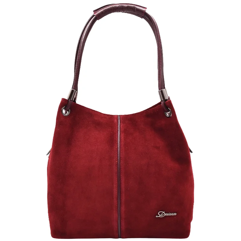 Womens Leather Suede Shoulder Bag Zip Large Burgundy Hobo Audrey