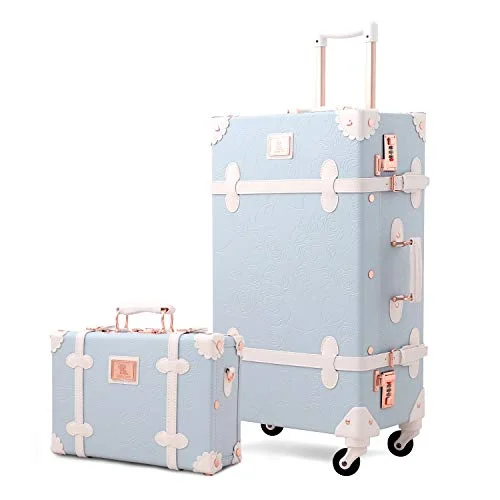 Unitravel Vintage Suitcase Set Rolling PU Trunk Luggage with Train Case (Blue, 24inch+12inch)