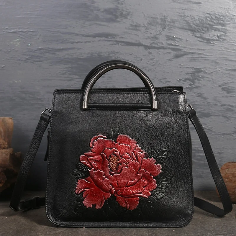 High Quality Genuine Leather Women Bag Cross Body Peony Pattern Handbag Flap Female Embossed Tote