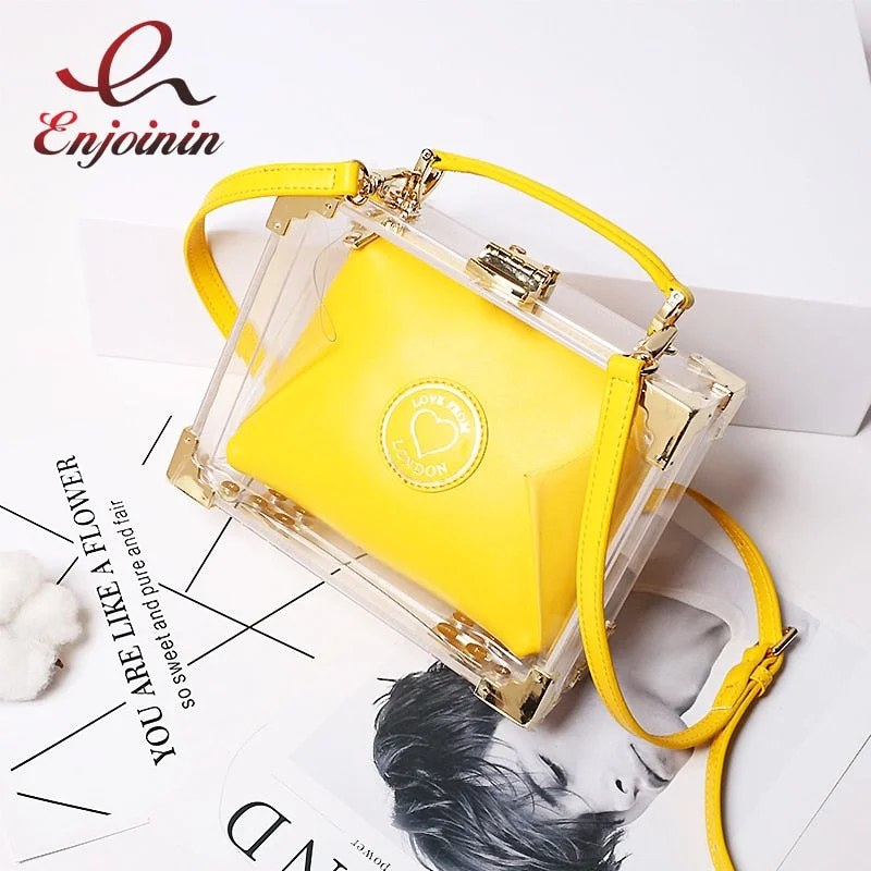 High Quality Stylish Acrylic Clear Box Shape Leather Women'S Handbag Shoulder Bag Casual Totes