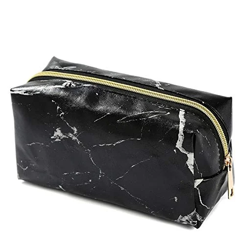 Leather Marble Makeup Bag Portable Waterproof Cosmetic Bags for Women Brushes Bag Pouch Organizer Toiletry Bag (Black)