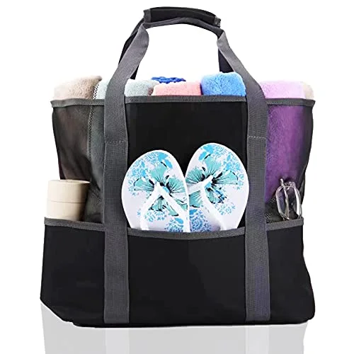 LISM Beach Bag Mesh Beach Bag Waterproof Extra Large Sandproof Tote Bag Kids Toy Bag with Pockets and Zipper Lightweight Picnic Tote Travel Bags