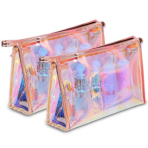 WestonBasics Holographic Makeup Bag, Set of 2 Iridescent Makeup Pouch for Cosmetic Toiletry, Pencil, Brush, Makeup Organizer Bags for Women Girls, Teens, Bridesmaids, Great for Travel, Gifts, 2 PCS